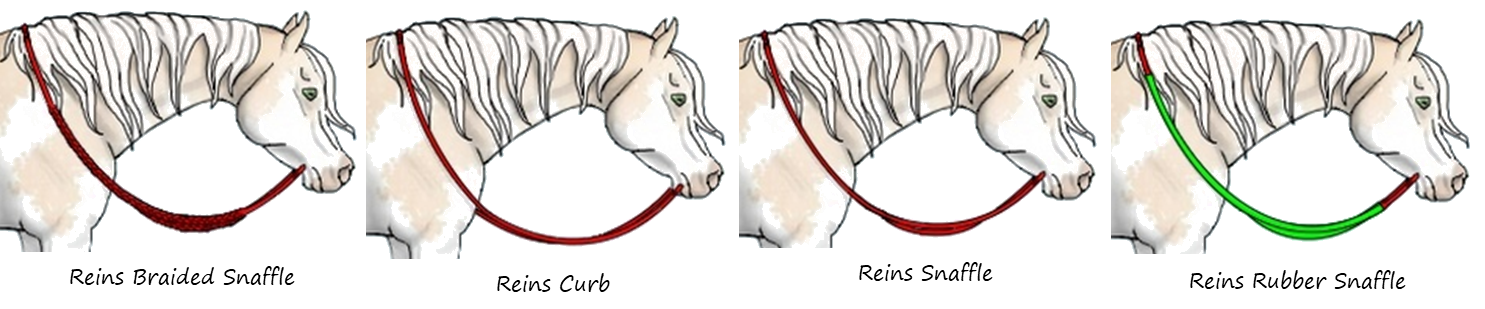 A series of three horses' heads displaying different styles of reins.